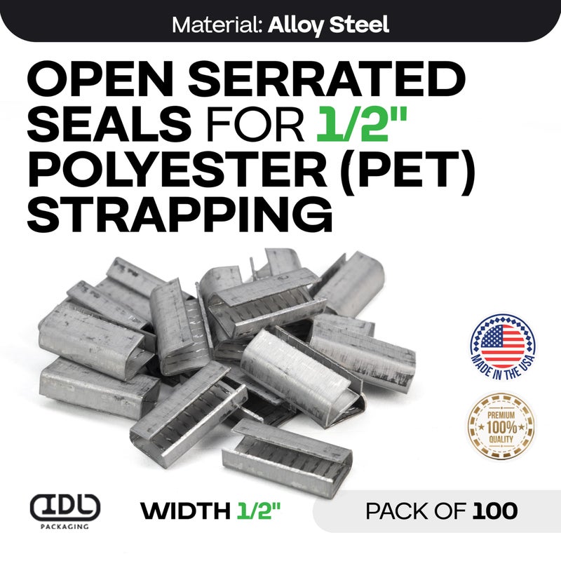 IDL Packaging Open Serrated Seals of 1.25" Length for 1/2" Strap Width Polyester (PET) Strapping (Pack of 100) - Increased Load Securement Due to Serrated Design of Strapping Clips - Image 2